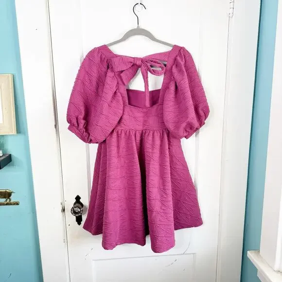 Free People Violet Mini Dress Puff Sleeves Textured Fabric Babydoll Pleated XS - Picture 10 of 13